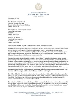 Letter from NYC Comptroller Lander re: 2025 class size plan certification