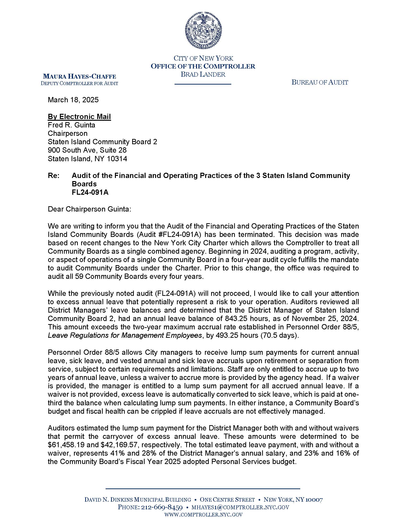 Letter Re: Audit of the Financial and Operating Practices of the 3 ...