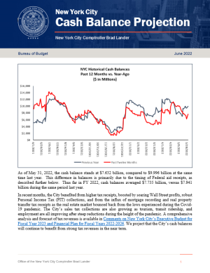 New York City Cash Balance Projection June 1, 2022
