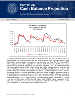 New York City Cash Balance Projection December 1, 2020