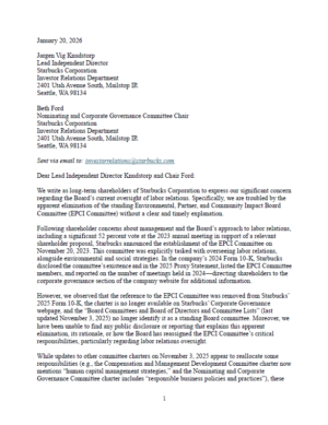 Letter from Starbucks Investors Regarding Elimination of EPCI Committee