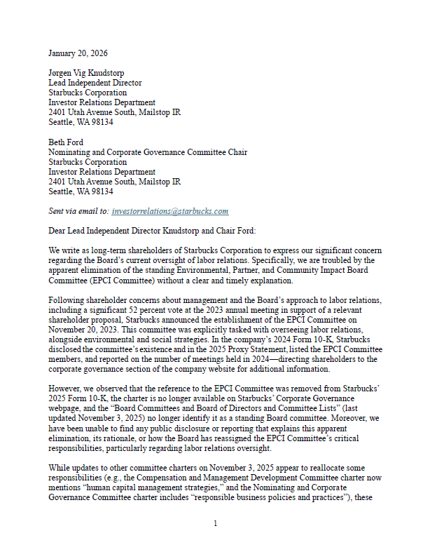 Letter from Starbucks Investors Regarding Elimination of EPCI Committee ...