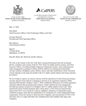 Letter to SpaceX re: IPO From NYC Comptroller Levine, NYS Comptroller DiNapoli, and CalPERS CEO Frost