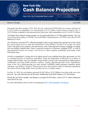 New York City Cash Balance Projection June 1, 2026
