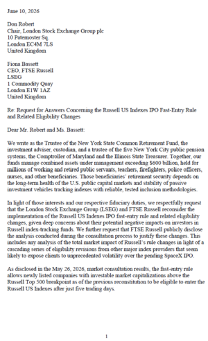 Letter to the London Stock Exchange Group and FTSE Russell Re: SpaceX