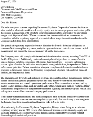 Joint Letter to Paramount Skydance Corporation Re: DEI Rollbacks