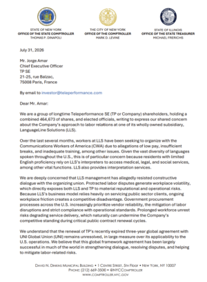Letter to Teleperformance from Financial Officers re: labor relations at LanguageLine Solutions (LLS)