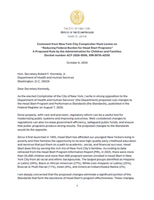Comment from New York City Comptroller Mark Levine on “Reducing Federal Burden for Head Start Programs” A Proposed Rule by the Administration for Children and Families