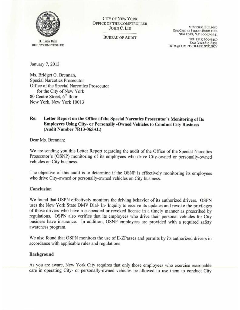 Letter Report on the of the Special Narcotics Prosecutor's Monitoring of Its Employees Using City- or Personally -Owned Vehicles to Conduct City Business : Office of the New York City Comptroller