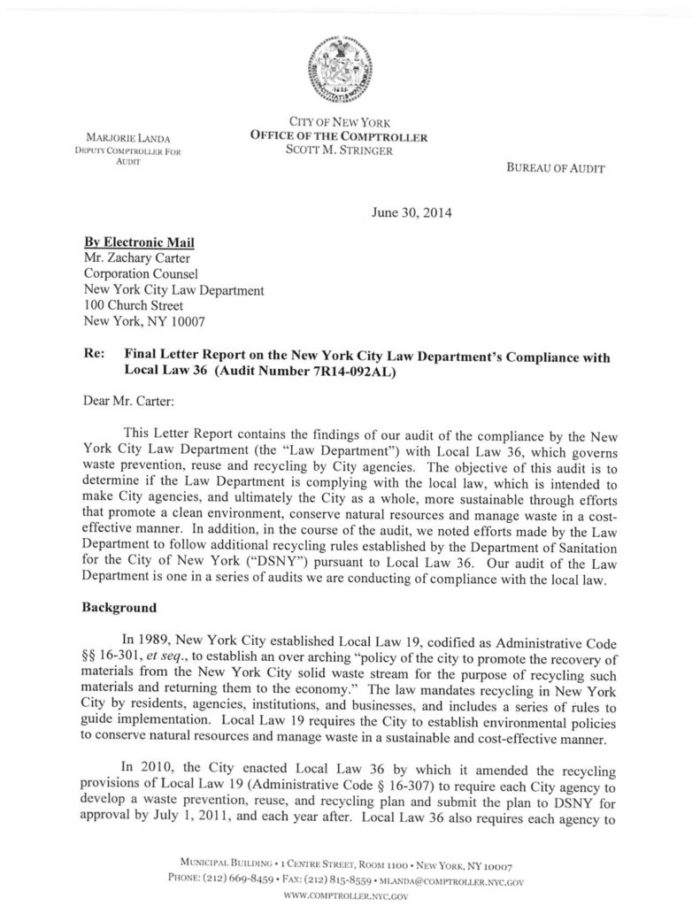 Letter Report on the New York City Law Department’s Compliance with