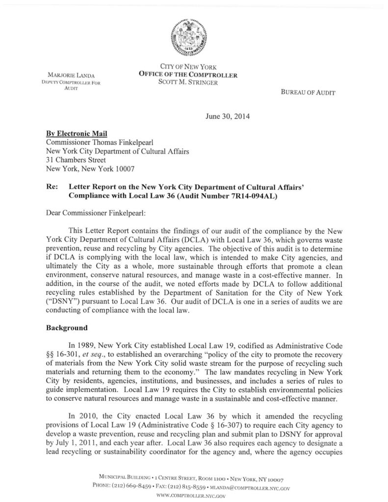 Letter Report on the New York City Department of Cultural Affairs