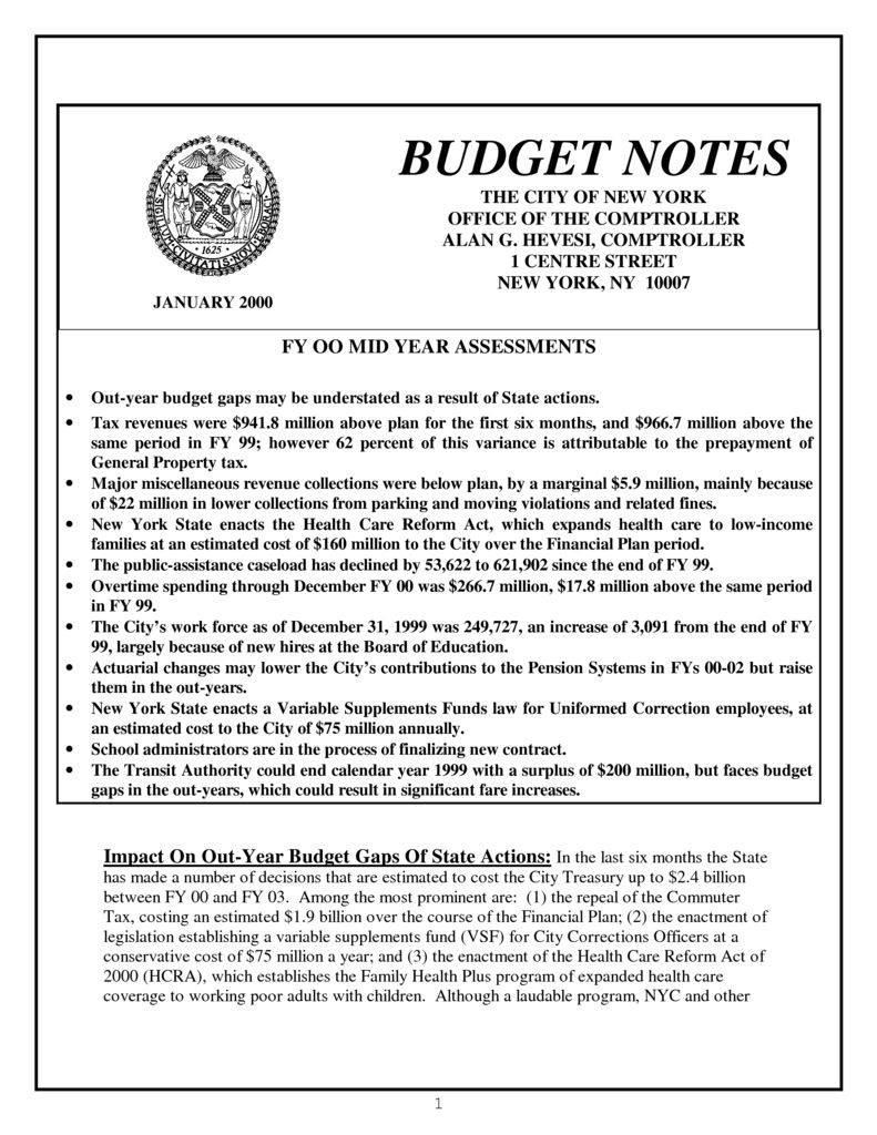 Budget Notes January 2000 : Office of the New York City