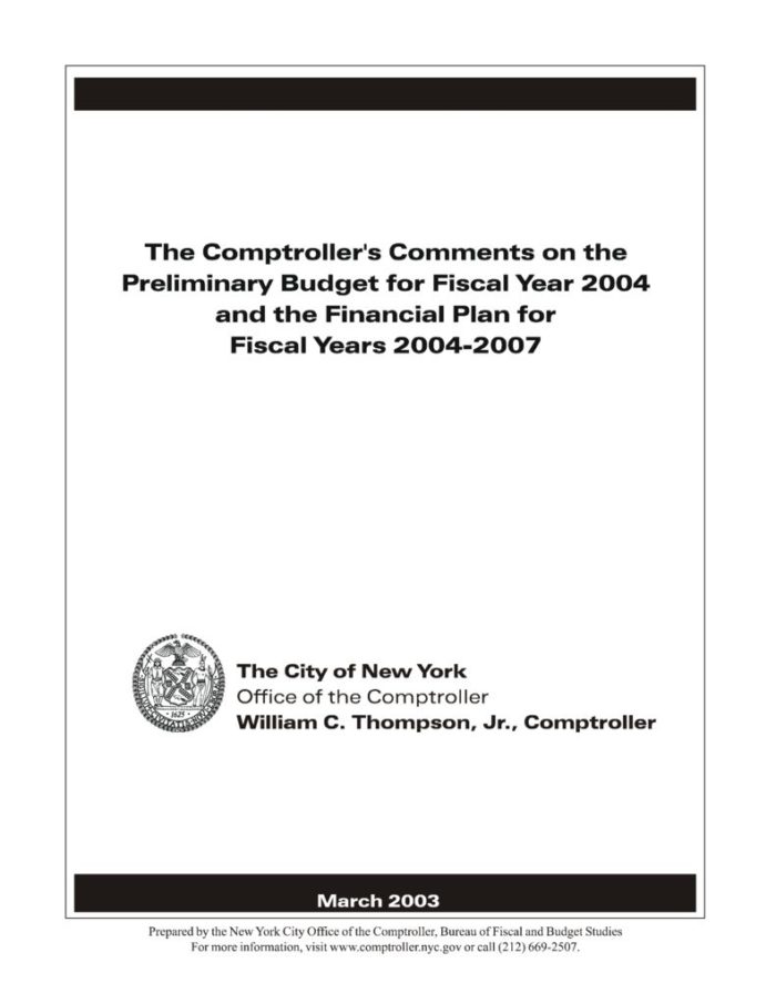 The Comptroller’s Comments on the Preliminary Budget for Fiscal Year ...