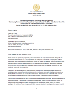 Comment from New York City Comptroller Mark Levine on  “Community Reinvestment Acts Regulations” Proposed Rule by The Office of the Comptroller of the Currency and The Federal Deposit Insurance Corporation