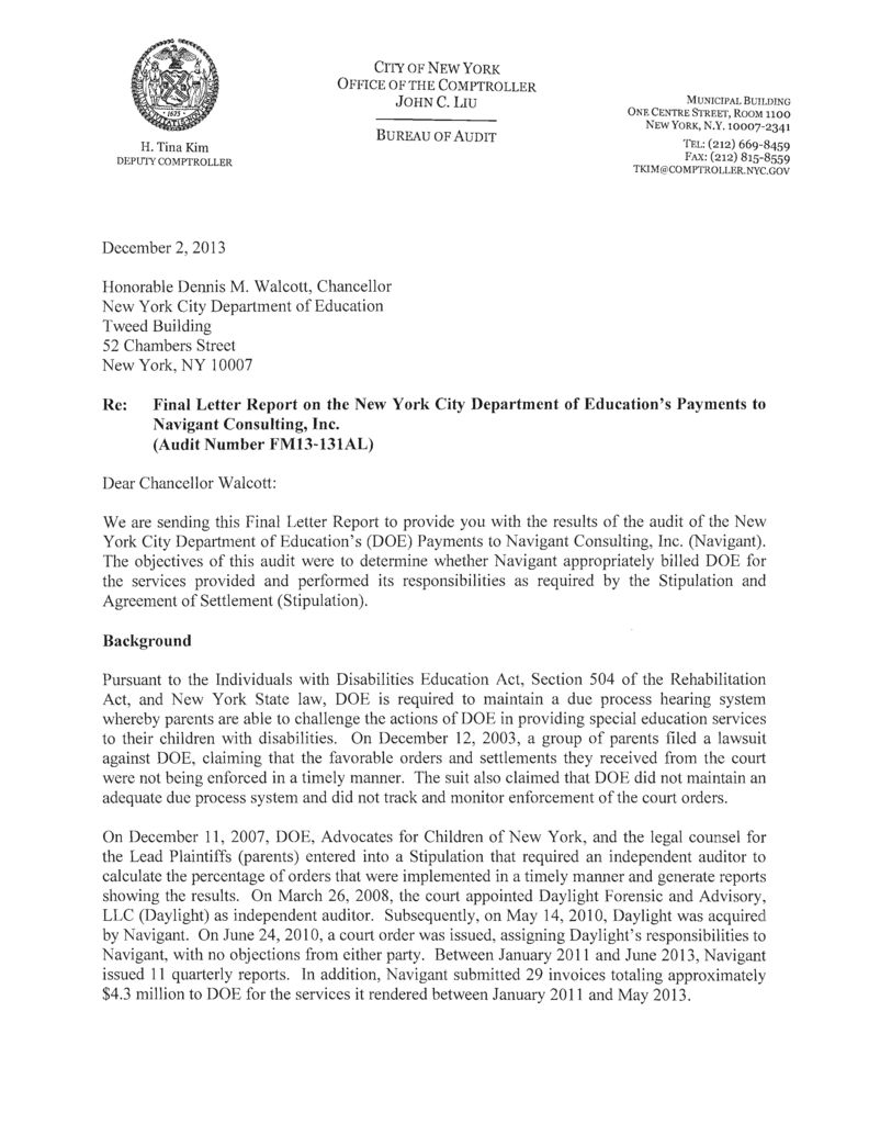 Letter Report on the New York City Department of Education s Payments