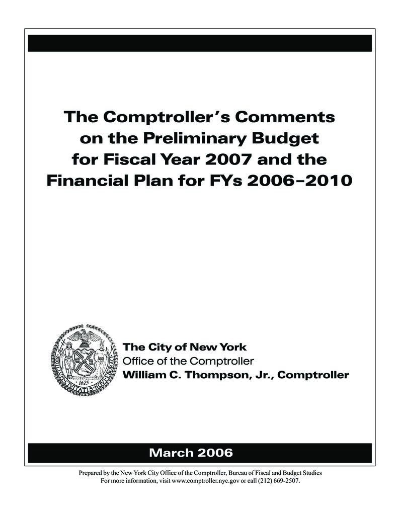 The Comptroller’s Comments on the Preliminary Budget for Fiscal Year ...