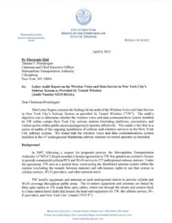 Letter Audit Report On The Wireless Voice And Data Services In New York City’s Subway System As Provided By Transit Wireless